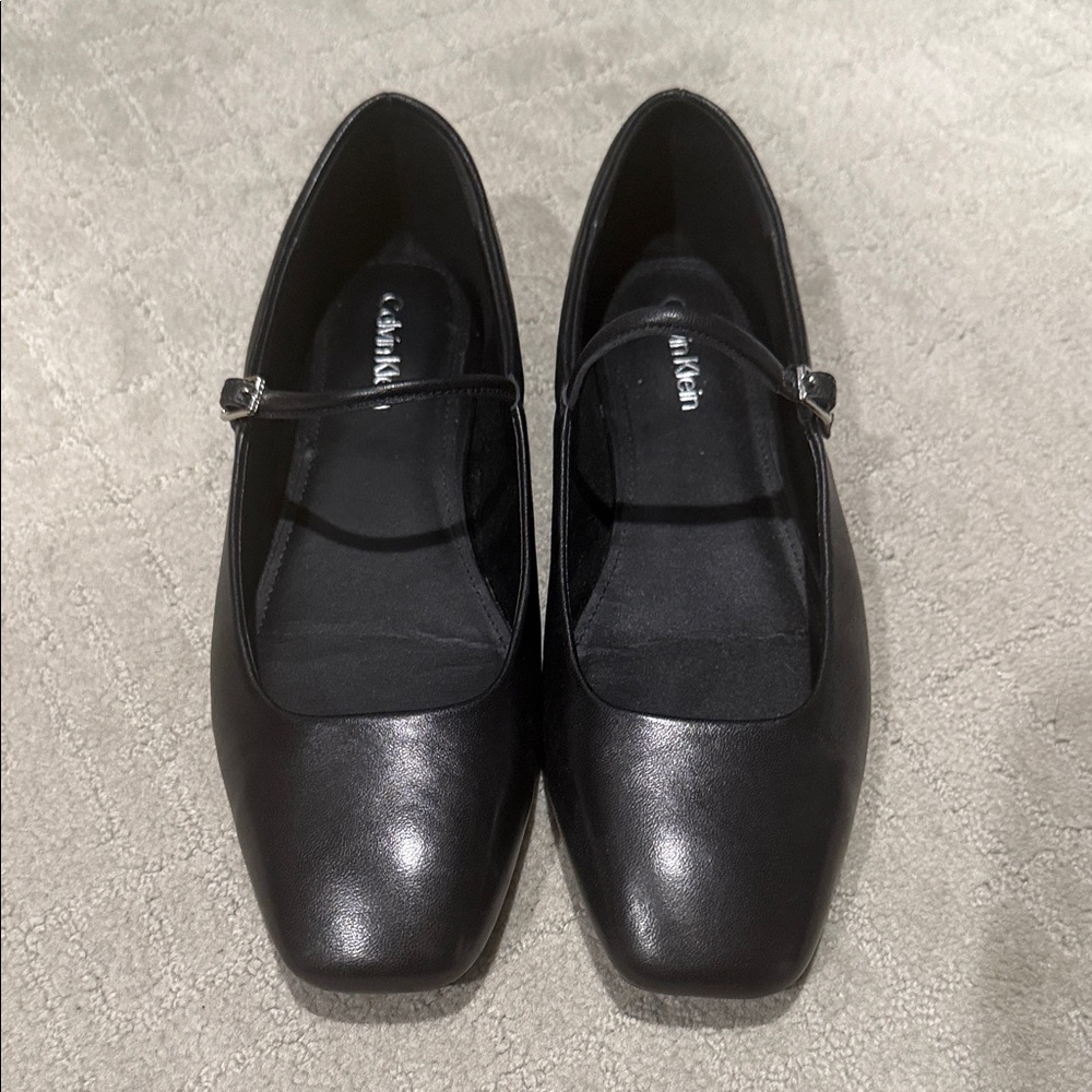 Calvin Klein Black Leather Square-Toe Mary Jane Flats